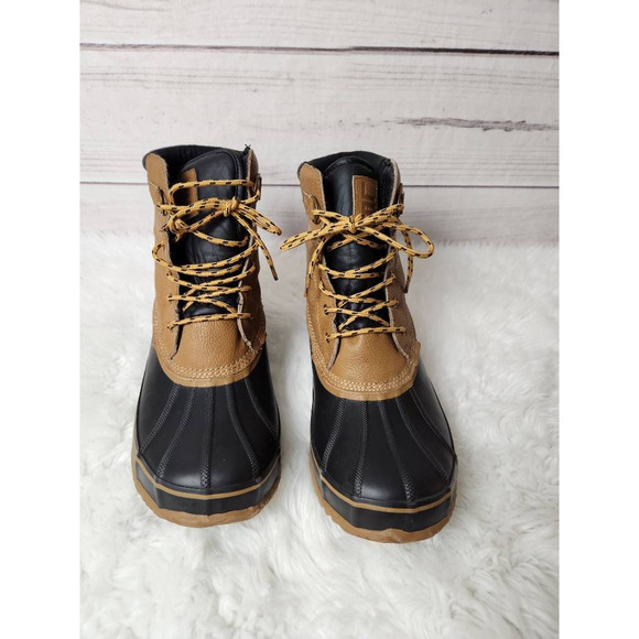 London Fog Mens Ashford 3 Duck Boots Brown Black Leather Lace Up‎ Insulated 13 M - Picture 1 of 8